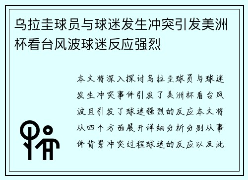 乌拉圭球员与球迷发生冲突引发美洲杯看台风波球迷反应强烈